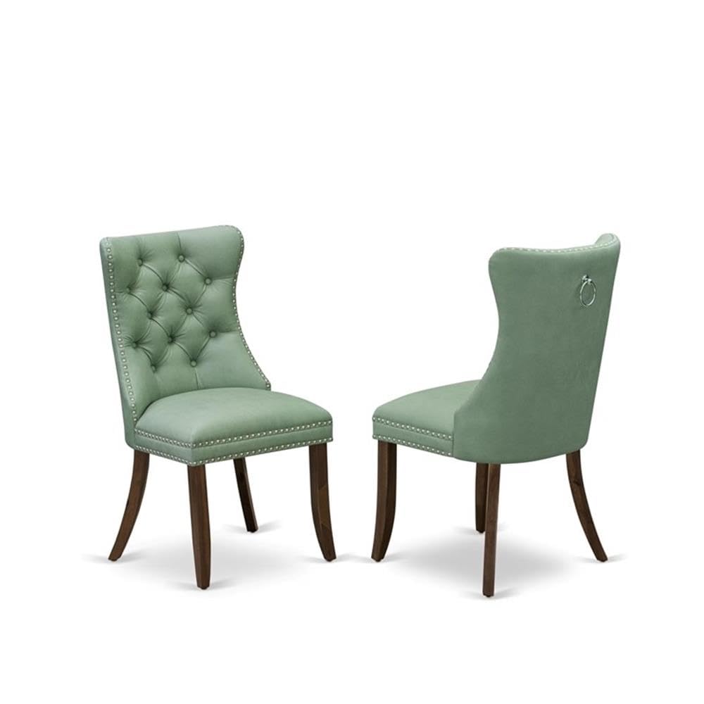 9-Piece Walnut Finish Acacia Wood Dining Room Set with Willow Green Faux Leather Upholstered Chairs M285391
