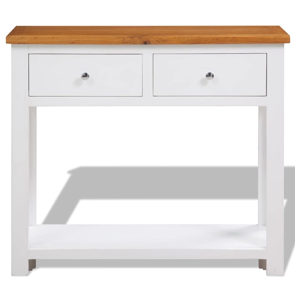 Solid Oak Wood Console Table with Two Drawers and Shelf D9041