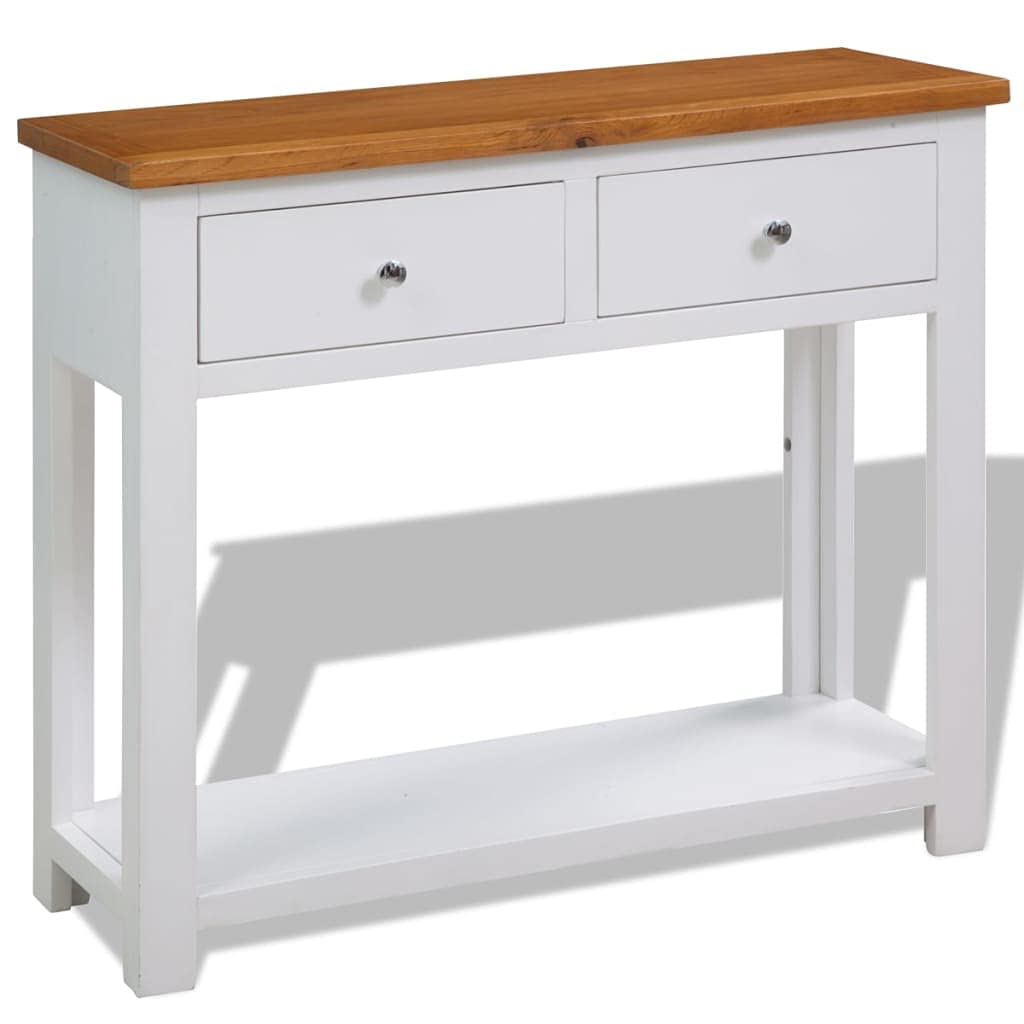 Solid Oak Wood Console Table with Two Drawers and Shelf D9041