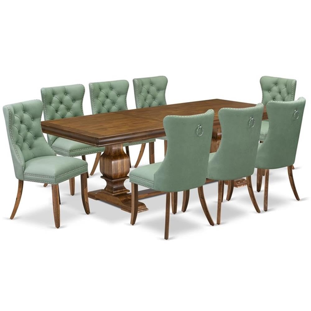 9-Piece Walnut Finish Acacia Wood Dining Room Set with Willow Green Faux Leather Upholstered Chairs M285391