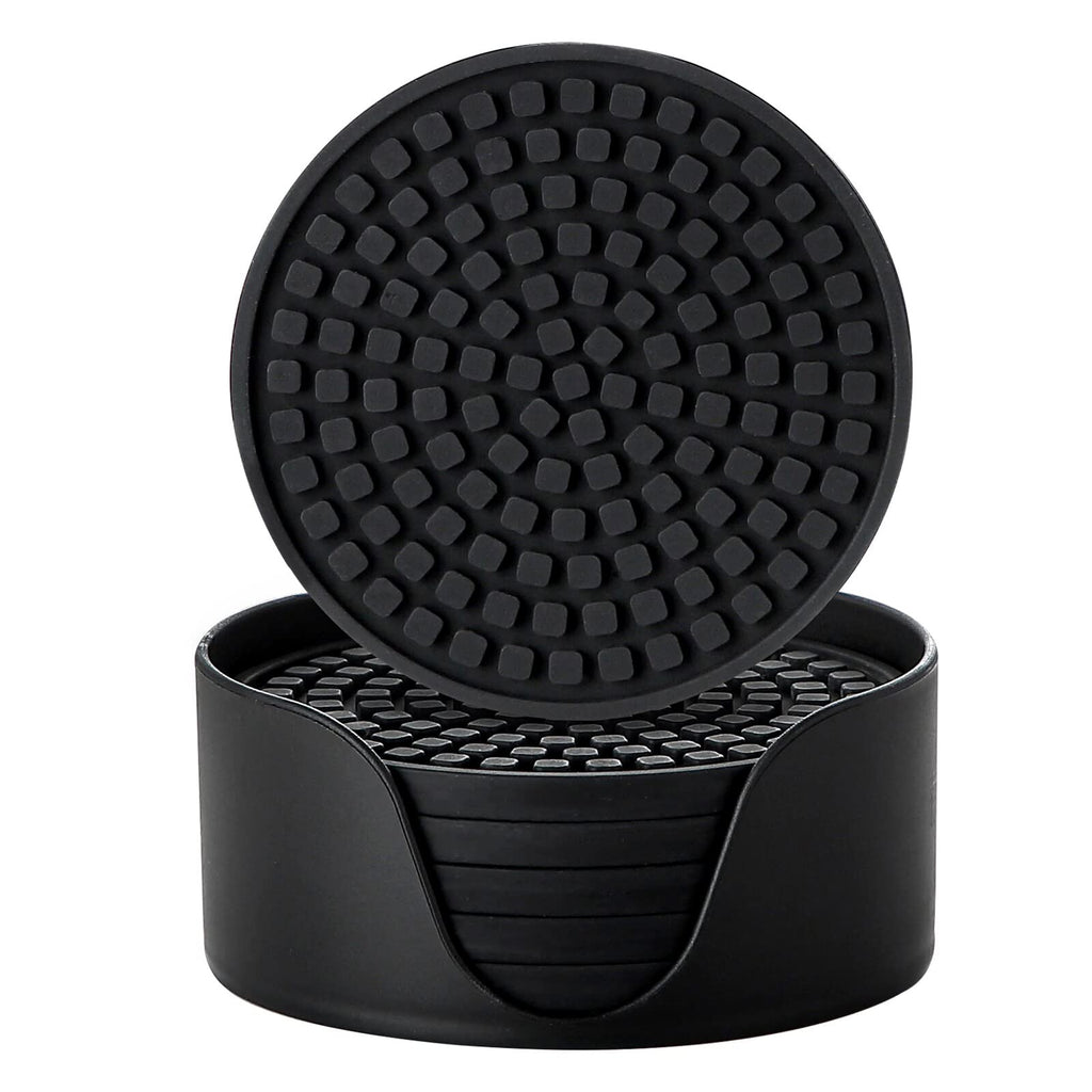 Silicone Drink Coasters with Holder, Set of 6, Black U740007