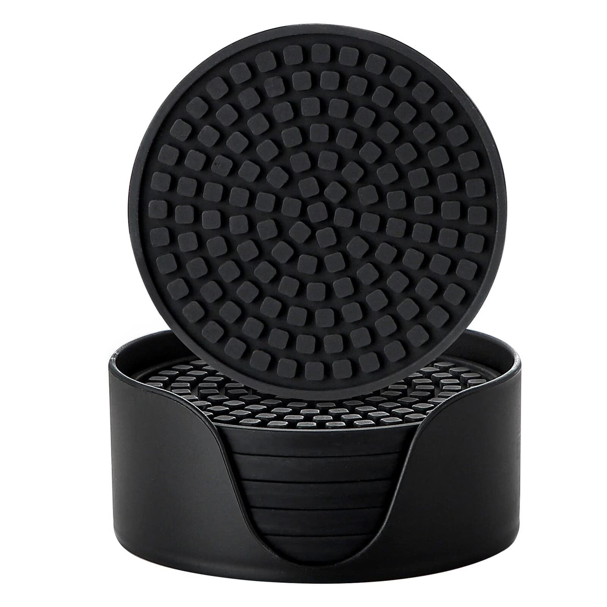 Silicone Drink Coasters with Holder, Set of 6, Black U740007