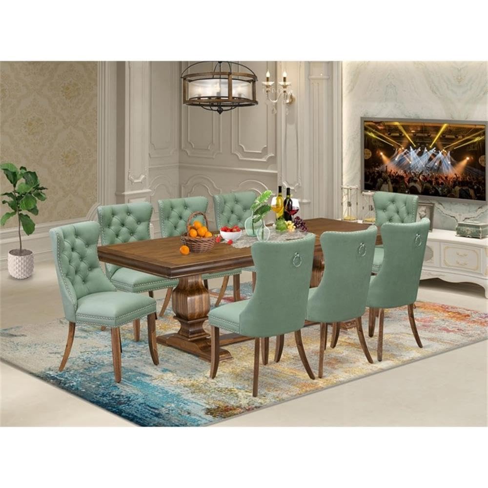 9-Piece Walnut Finish Acacia Wood Dining Room Set with Willow Green Faux Leather Upholstered Chairs M285391