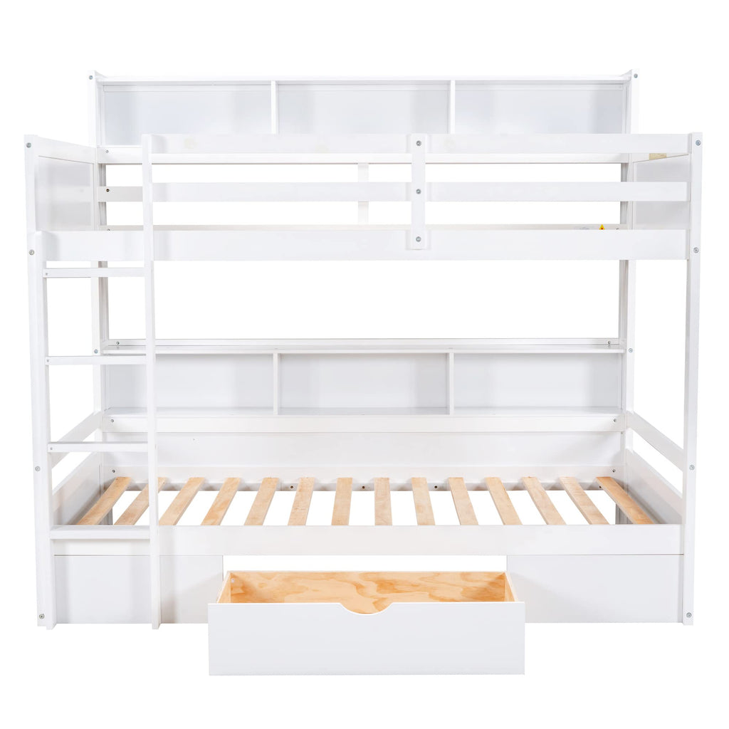 Twin Over Twin Wooden Bunk Bed with Shelves and Storage Drawer V1206