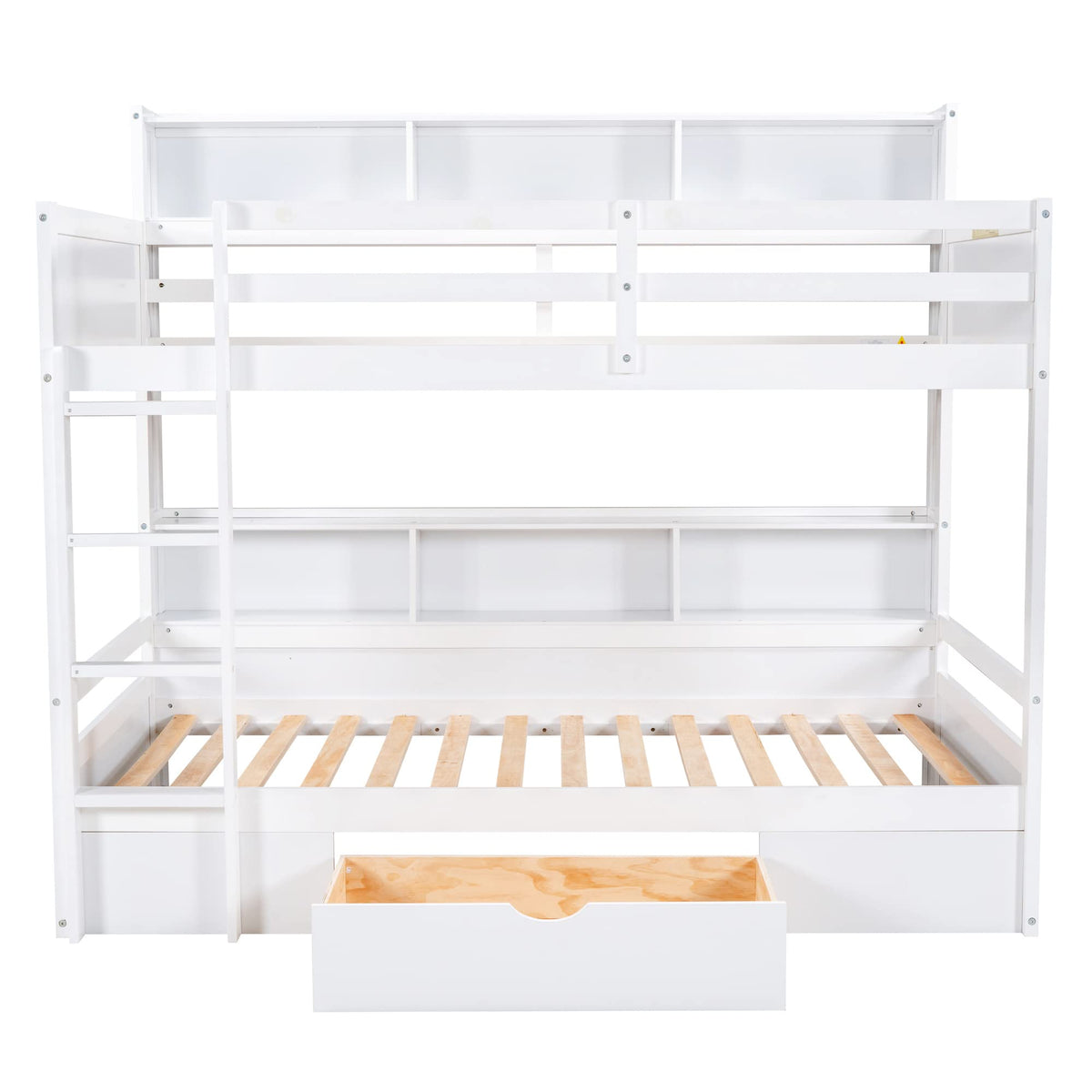 Twin Over Twin Wooden Bunk Bed with Shelves and Storage Drawer V1206
