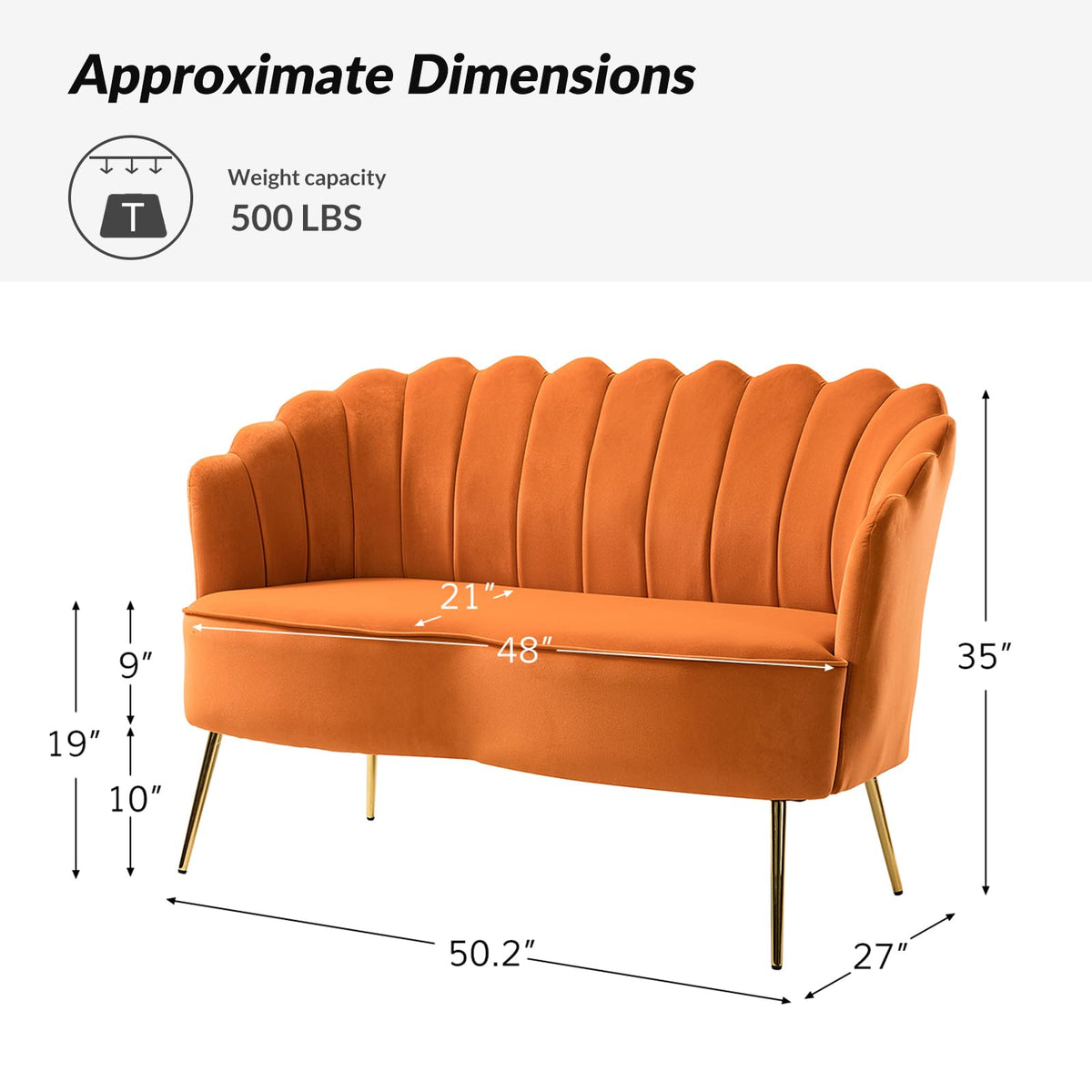 Orange Velvet 2-Seater Loveseat Sofa with Gold Metal Legs X303