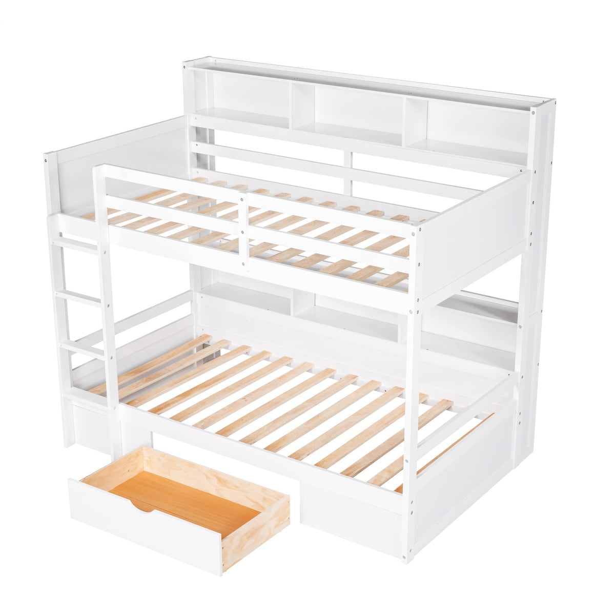 Twin Over Twin Wooden Bunk Bed with Shelves and Storage Drawer V1206