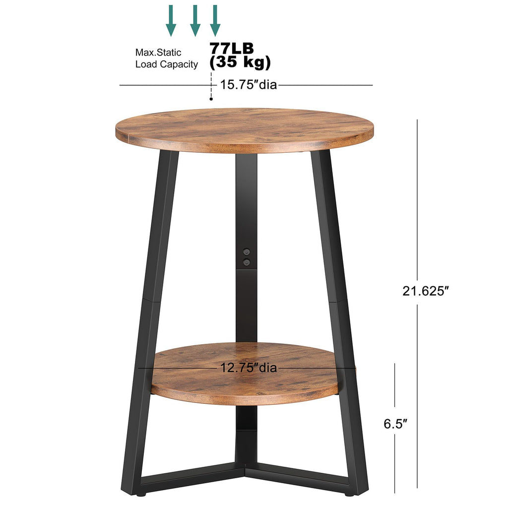 Small Round End Table Set of 2, 2 Tier Side Table with Storage Shelf, Rustic Brown T495853