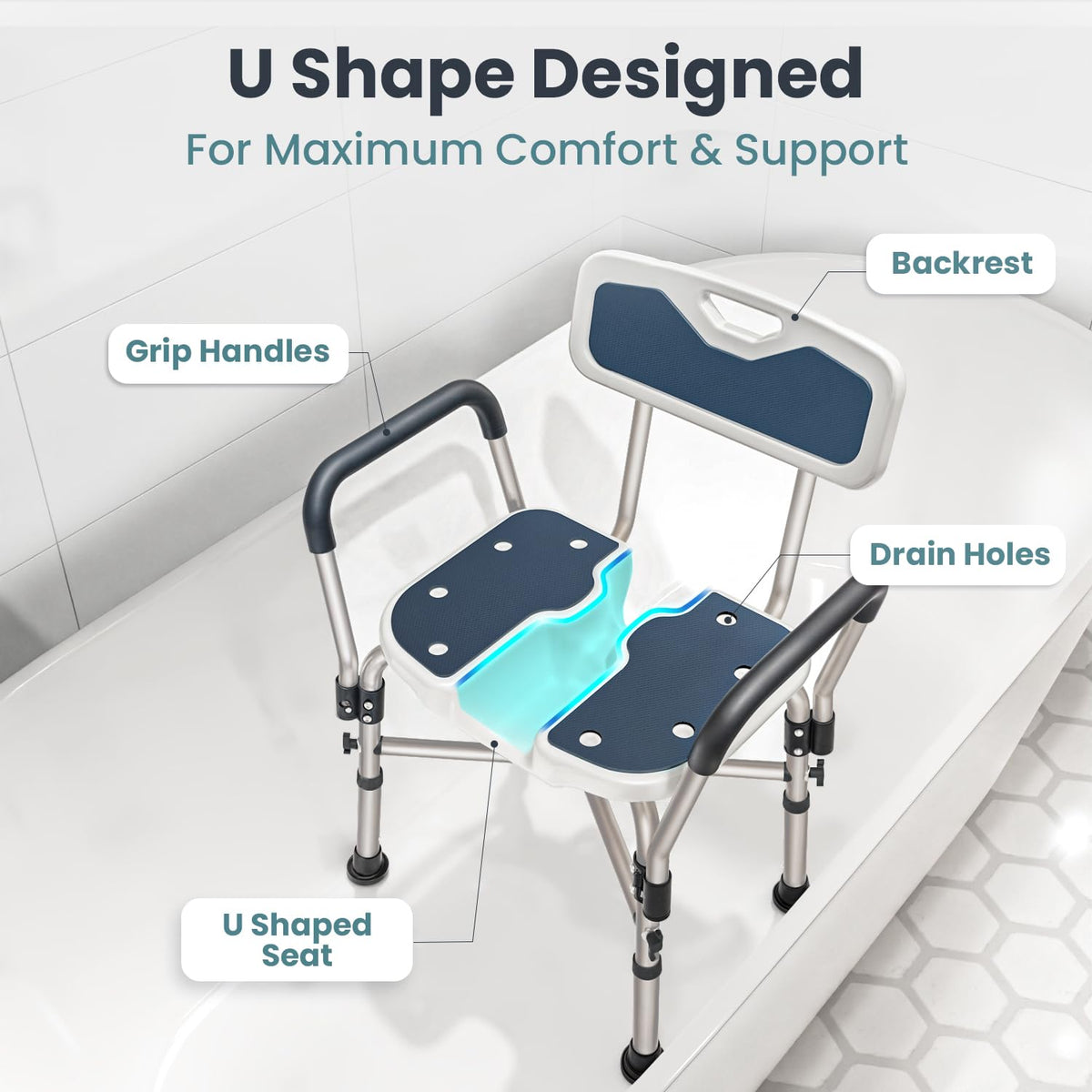 Blue Heavy Duty U-Shape Seat Shower Chair with Padded Armrests and Back H153383