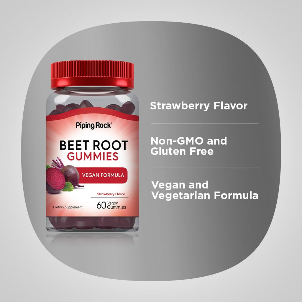 Beet Root Gummies 60 Count Strawberry Flavor Vegan Non-GMO Gluten Free A384484