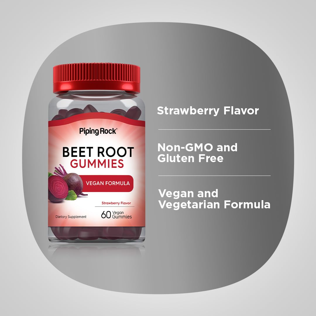 Beet Root Gummies 60 Count Strawberry Flavor Vegan Non-GMO Gluten Free A384484