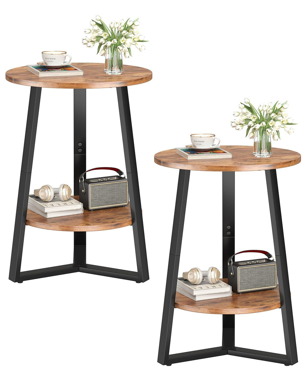 Small Round End Table Set of 2, 2 Tier Side Table with Storage Shelf, Rustic Brown T495853