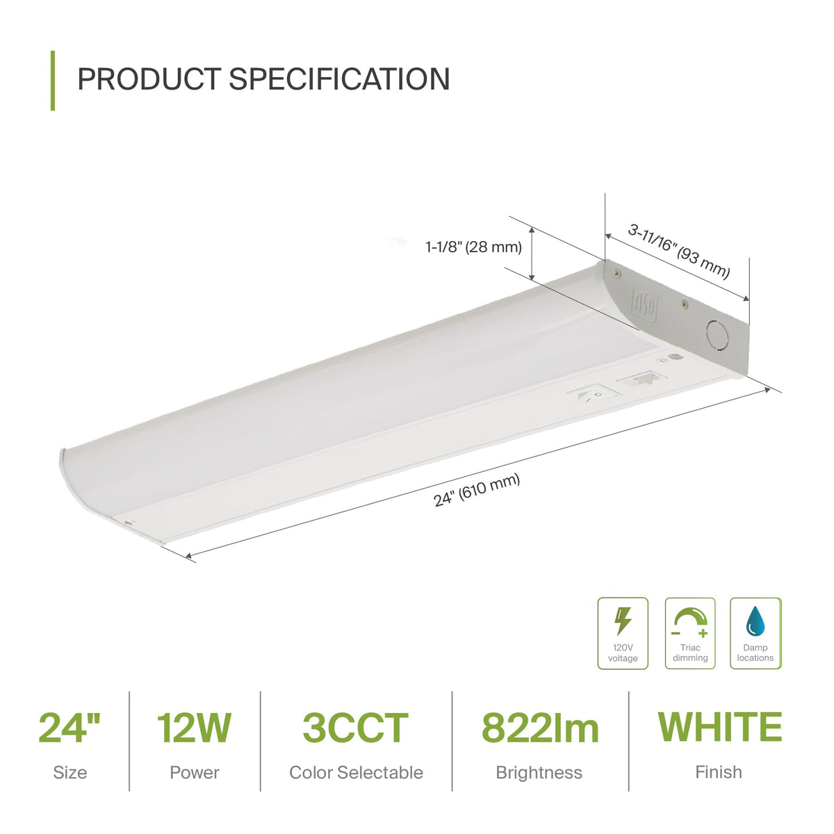 24 inch 12W Dimmable LED Under Cabinet Lighting 2 Pack S86605