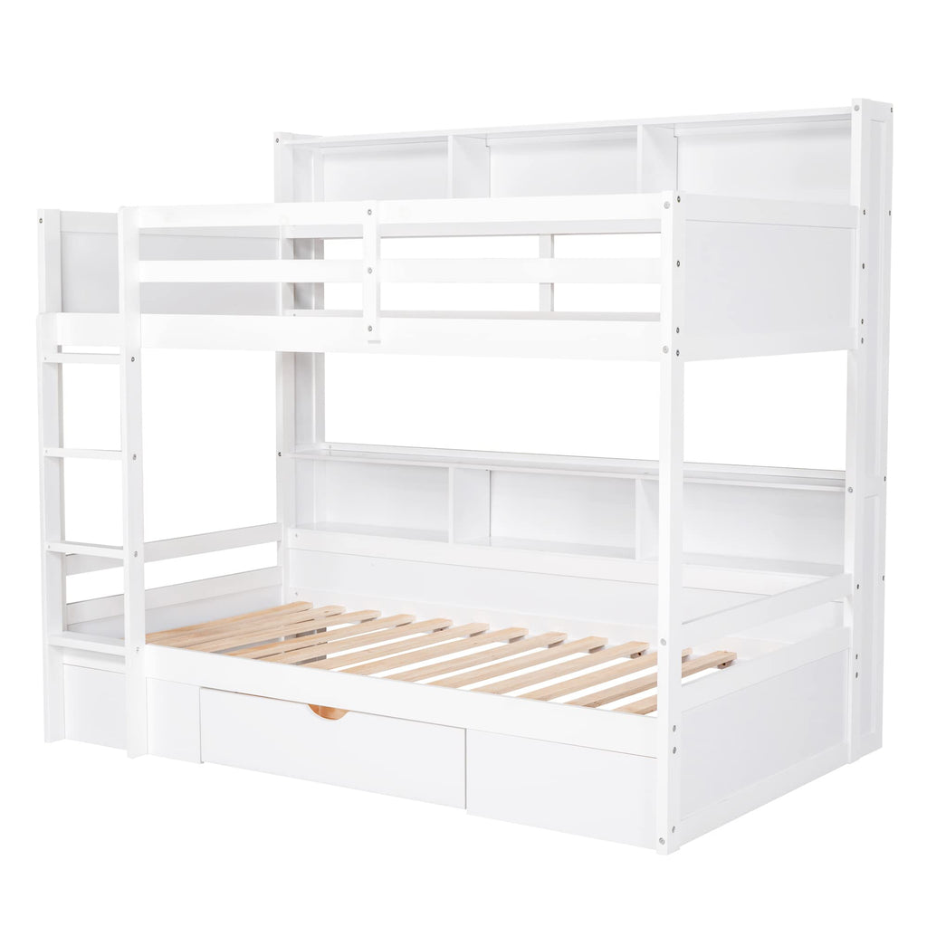 Twin Over Twin Wooden Bunk Bed with Shelves and Storage Drawer V1206