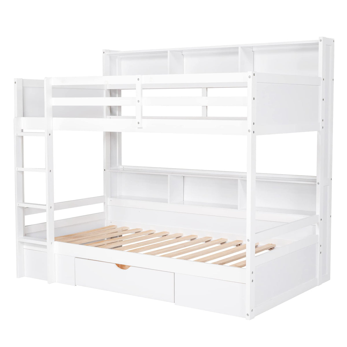 Twin Over Twin Wooden Bunk Bed with Shelves and Storage Drawer V1206