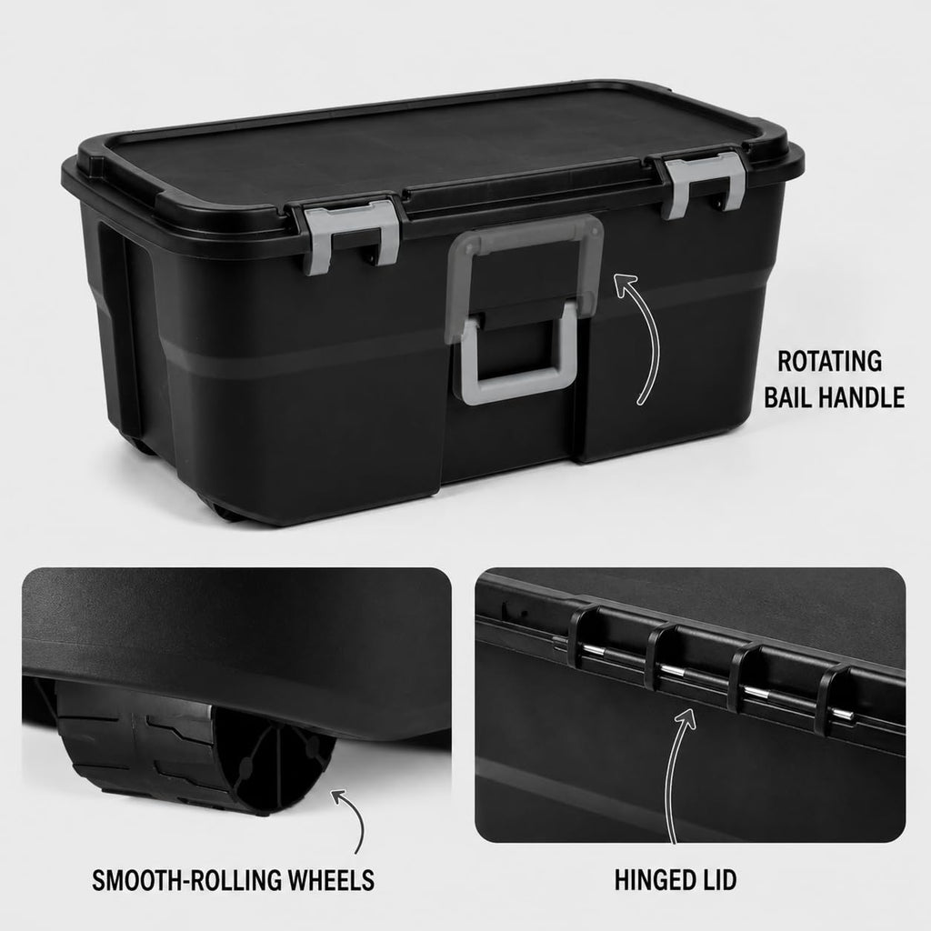 Rolling Storage Trunk with Wheels and Handle, 22 Gallon Black Bin E54989