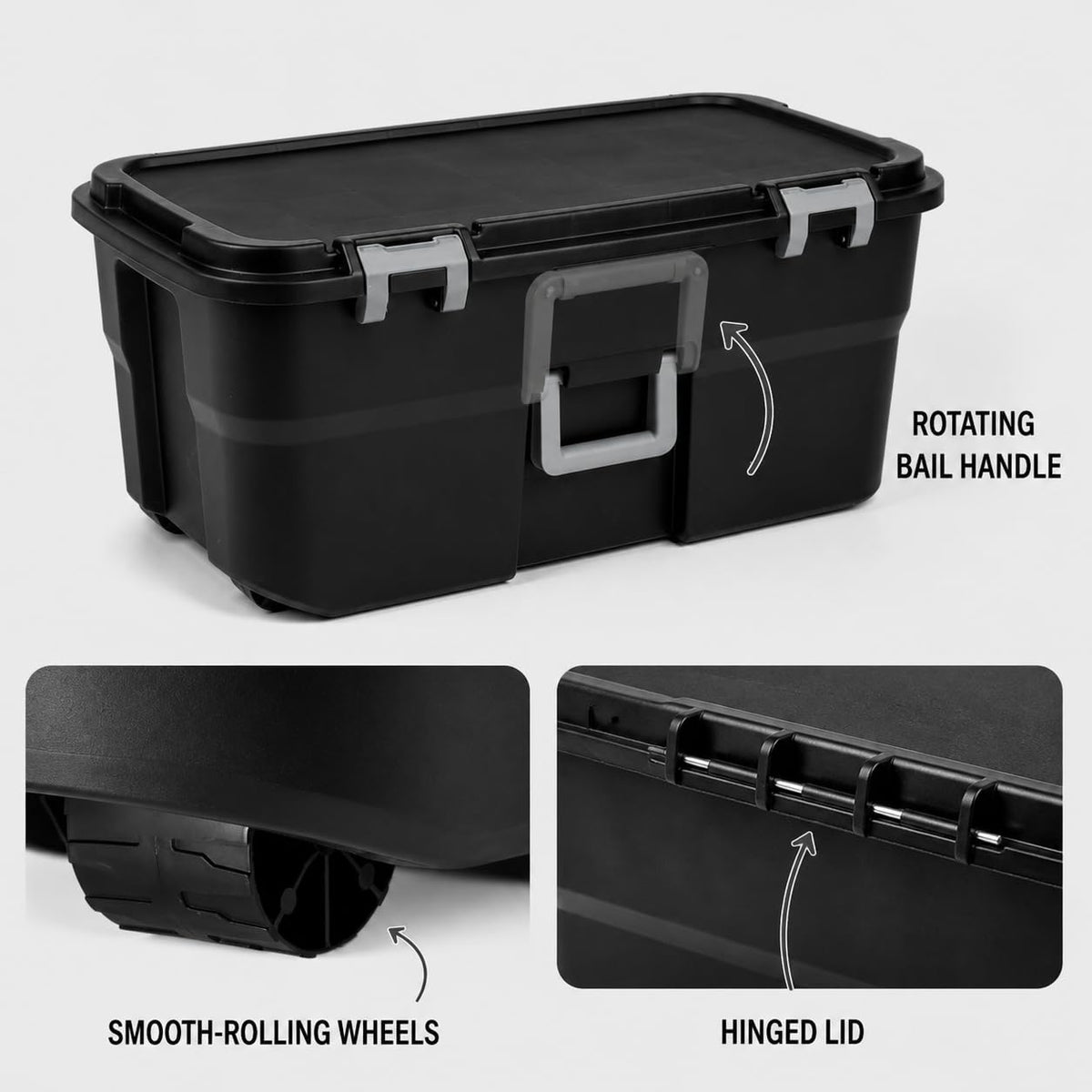 Rolling Storage Trunk with Wheels and Handle, 22 Gallon Black Bin E54989
