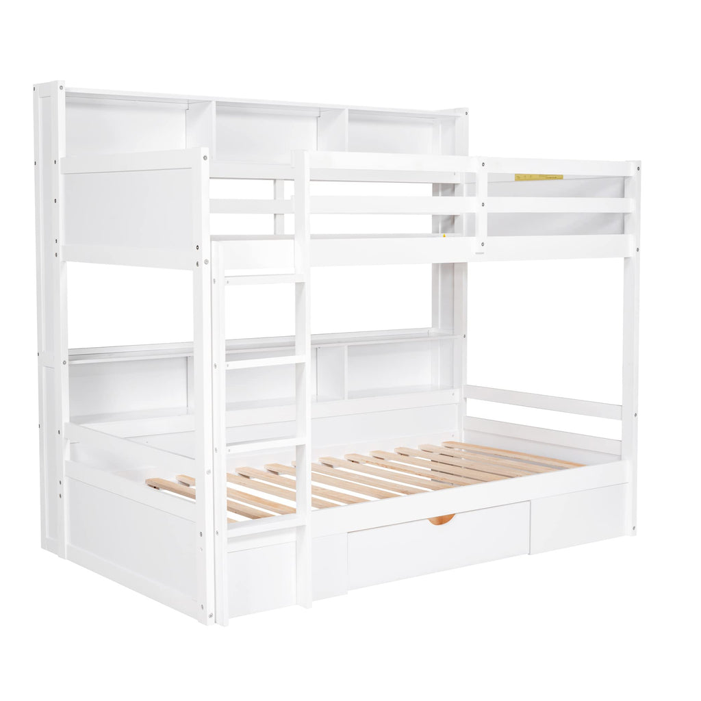 Twin Over Twin Wooden Bunk Bed with Shelves and Storage Drawer V1206