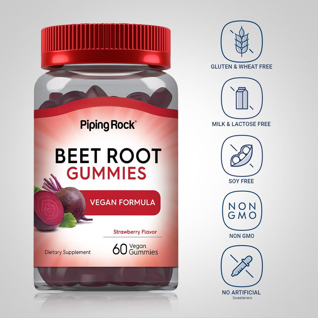 Beet Root Gummies 60 Count Strawberry Flavor Vegan Non-GMO Gluten Free A384484