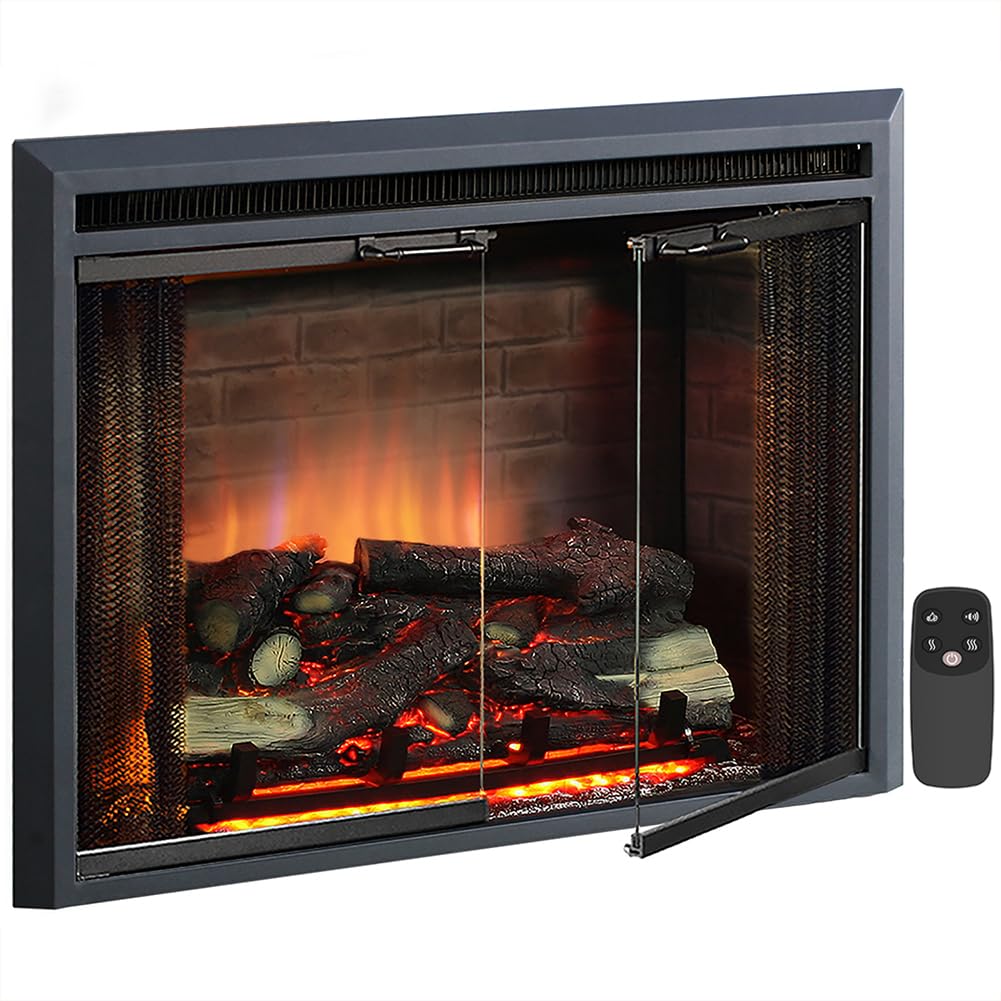 Black Electric Fireplace Insert with Glass Door and Mesh Screen, 750/1500W Z717148