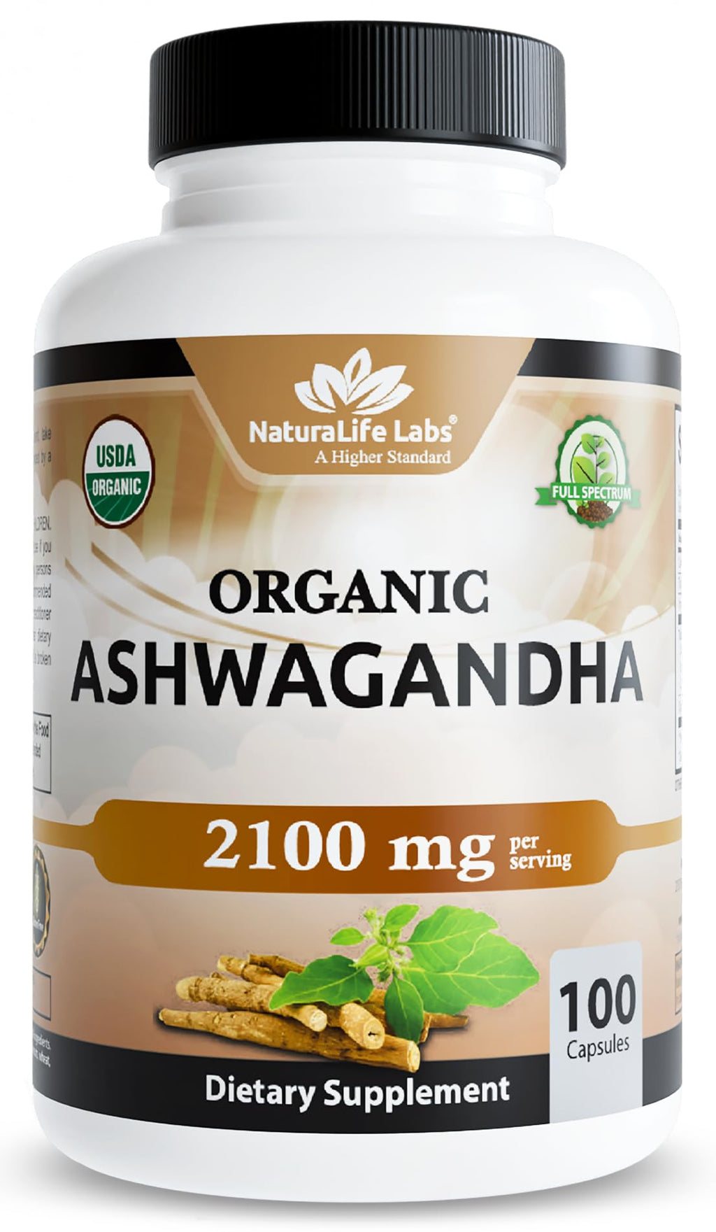 Organic Ashwagandha 2100 mg 100 Capsules Vegan Non-GMO Gluten-Free S9936