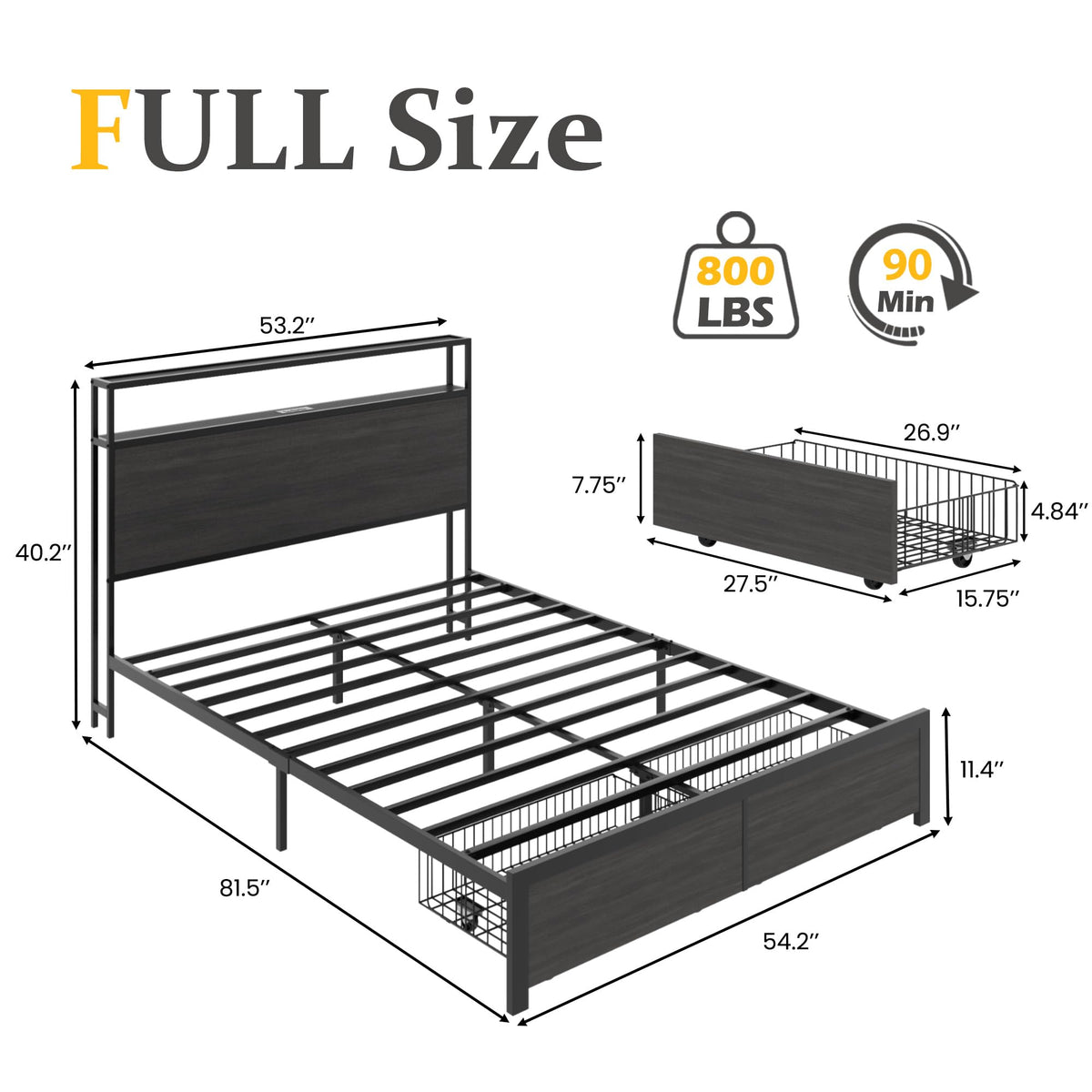 Rustic Grey Full Bed Frame with Charging Station E86919