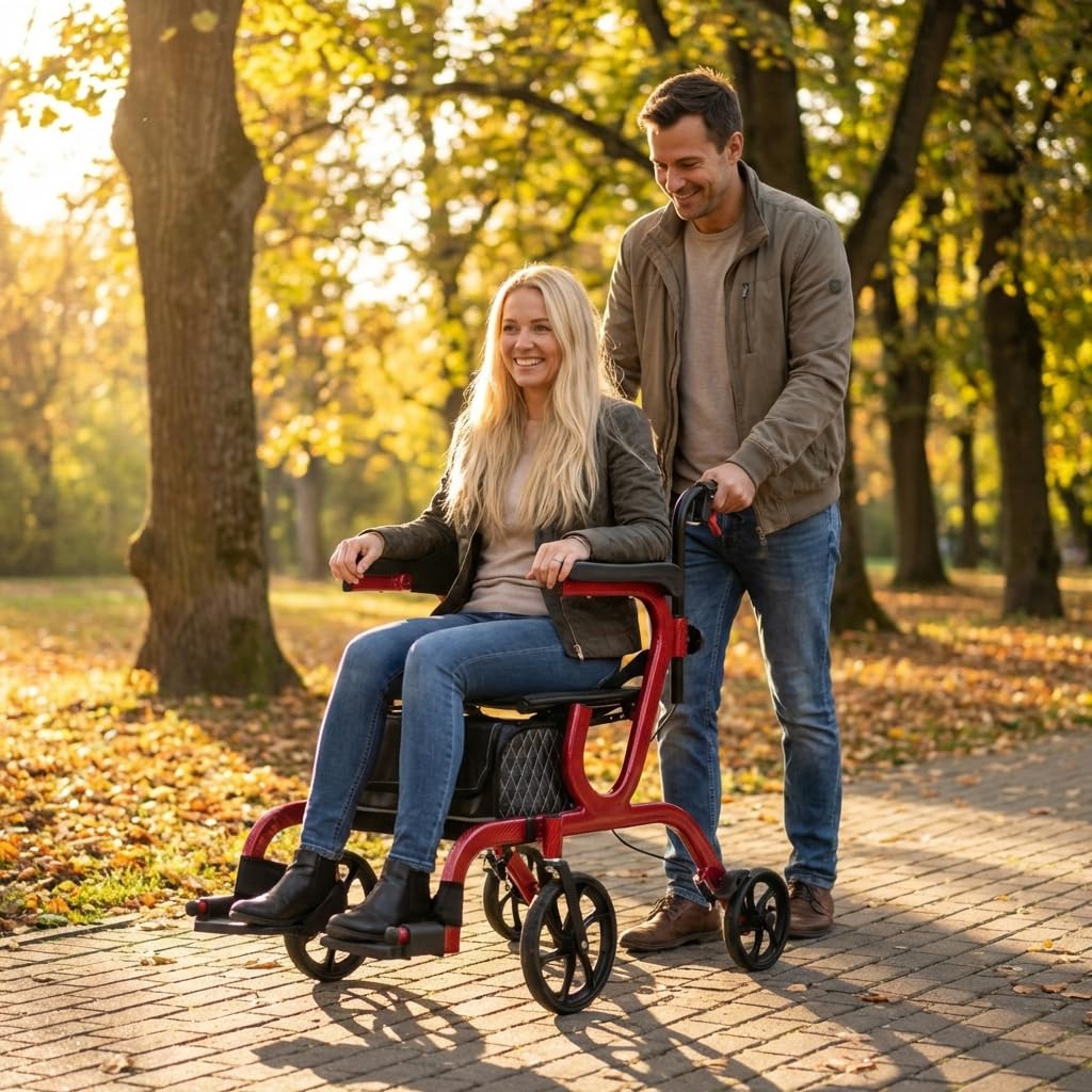 2-in-1 Folding Rollator Walker & Transport Chair with 10” Front Wheels F8921