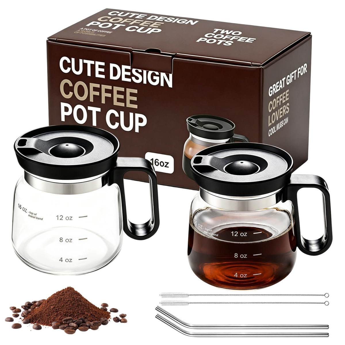 2 Pack 16oz Clear Glass Coffee Mug with Lid and Straw A200504