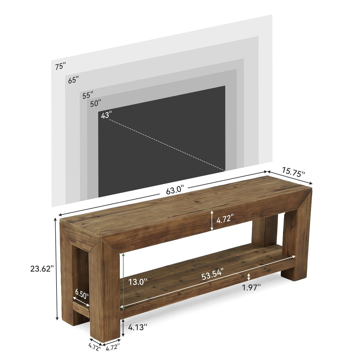 Solid Wood 63" TV Stand with Open Storage Shelves D297126