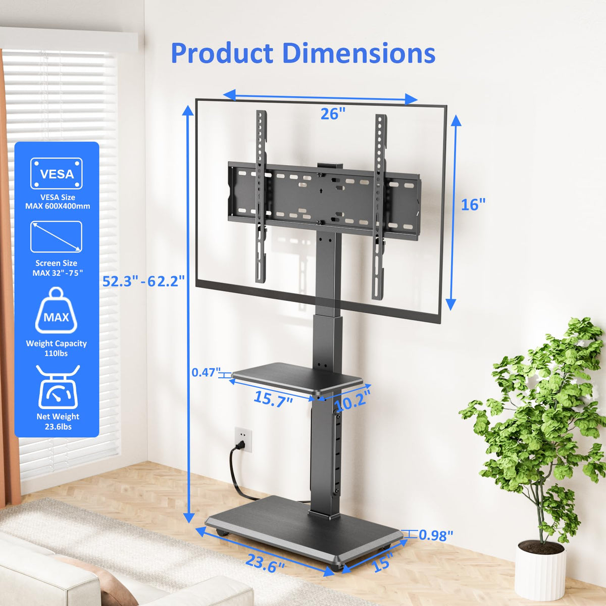 Rolling TV Stand with Power Outlet for 32-75" TV I9828