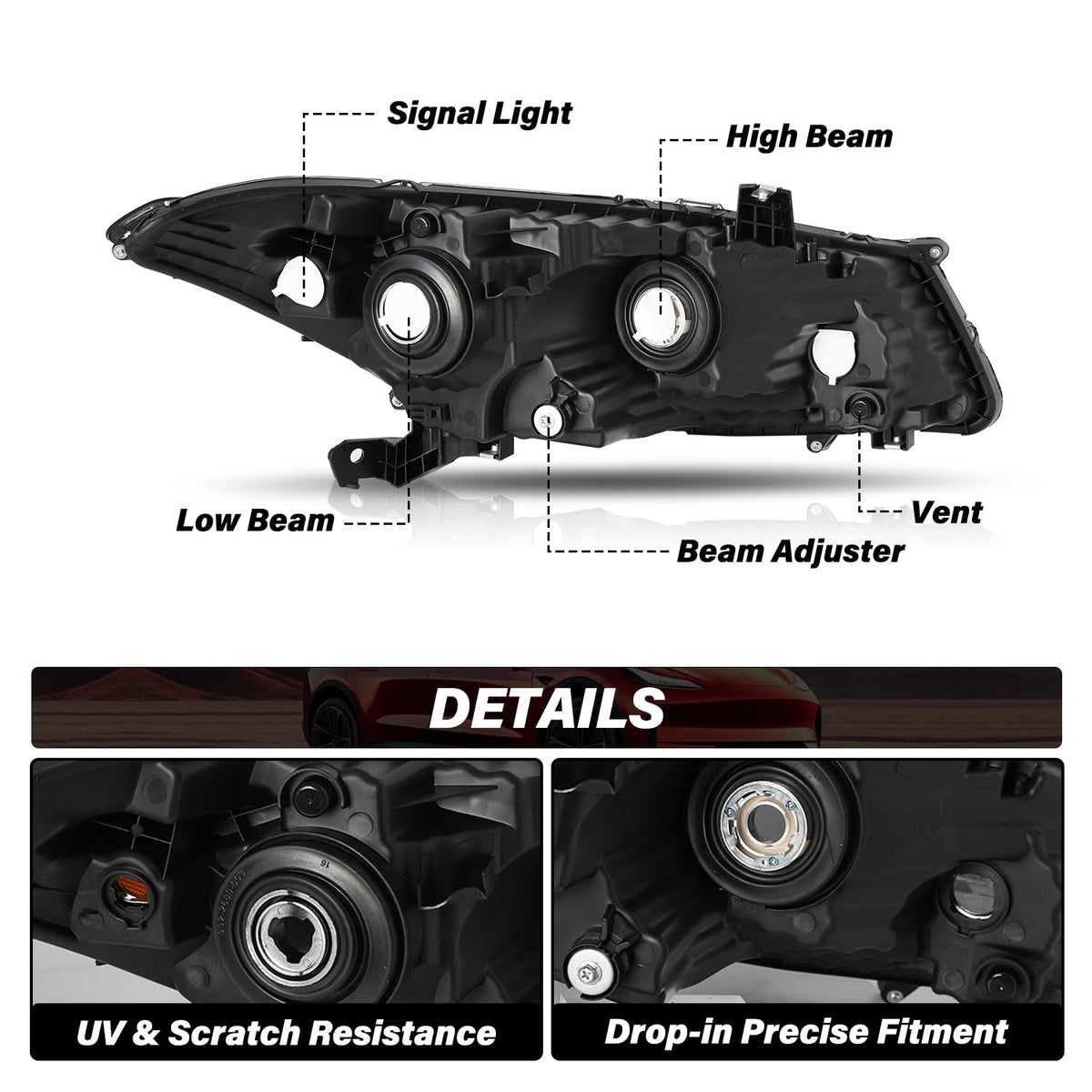 Headlight Assembly Replacement Chrome Housing with Amber Reflector K27153