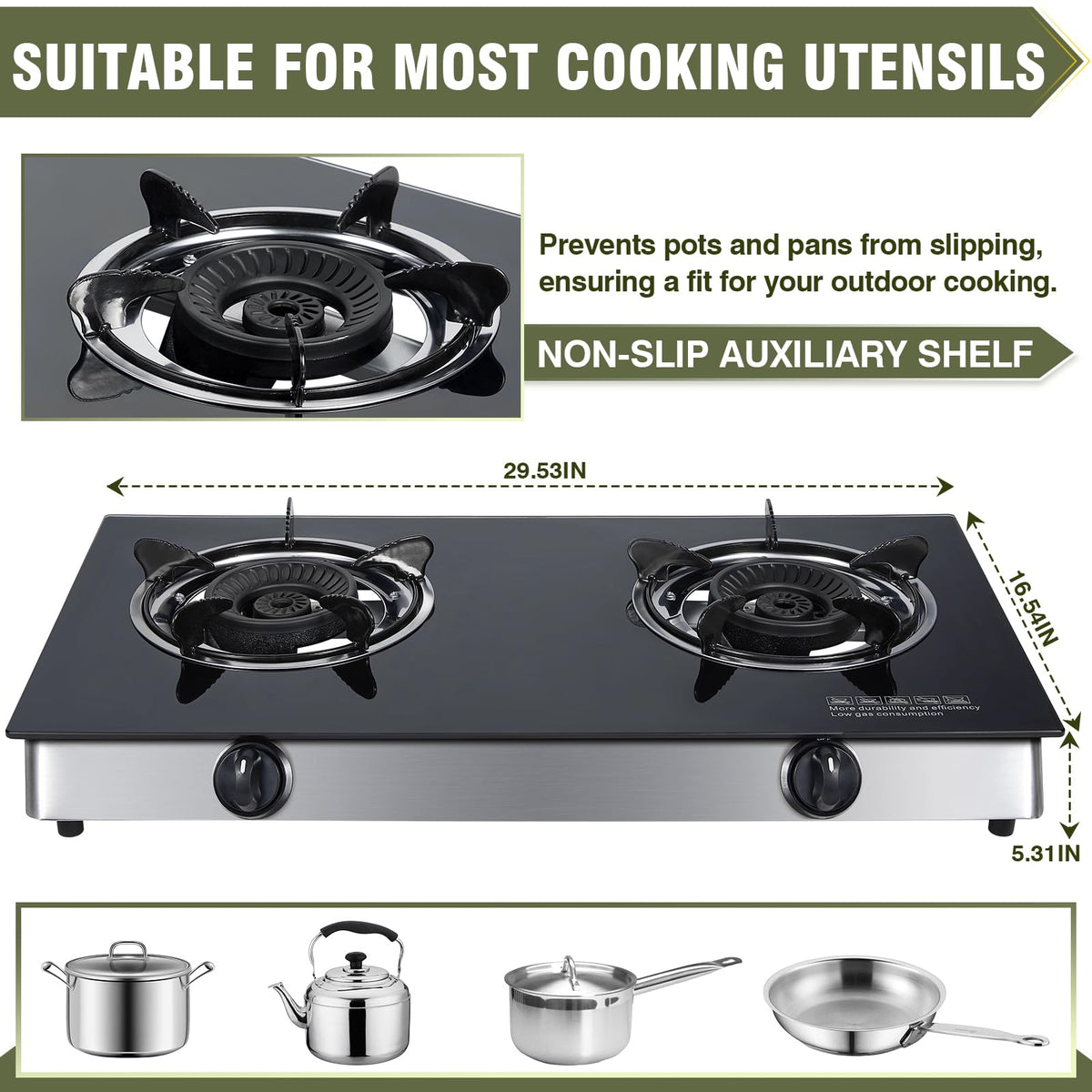2-Burner Propane Gas Cooktop Portable Tempered Glass Stove J601565
