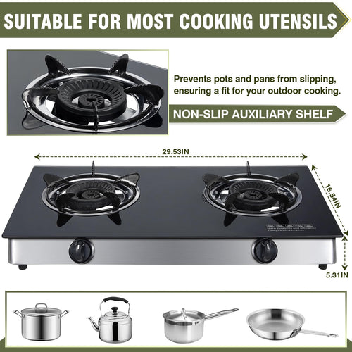 2-Burner Propane Gas Cooktop Portable Tempered Glass Stove J601565