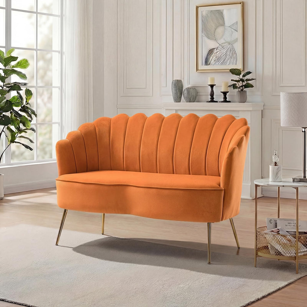 Orange Velvet 2-Seater Loveseat Sofa with Gold Metal Legs X303