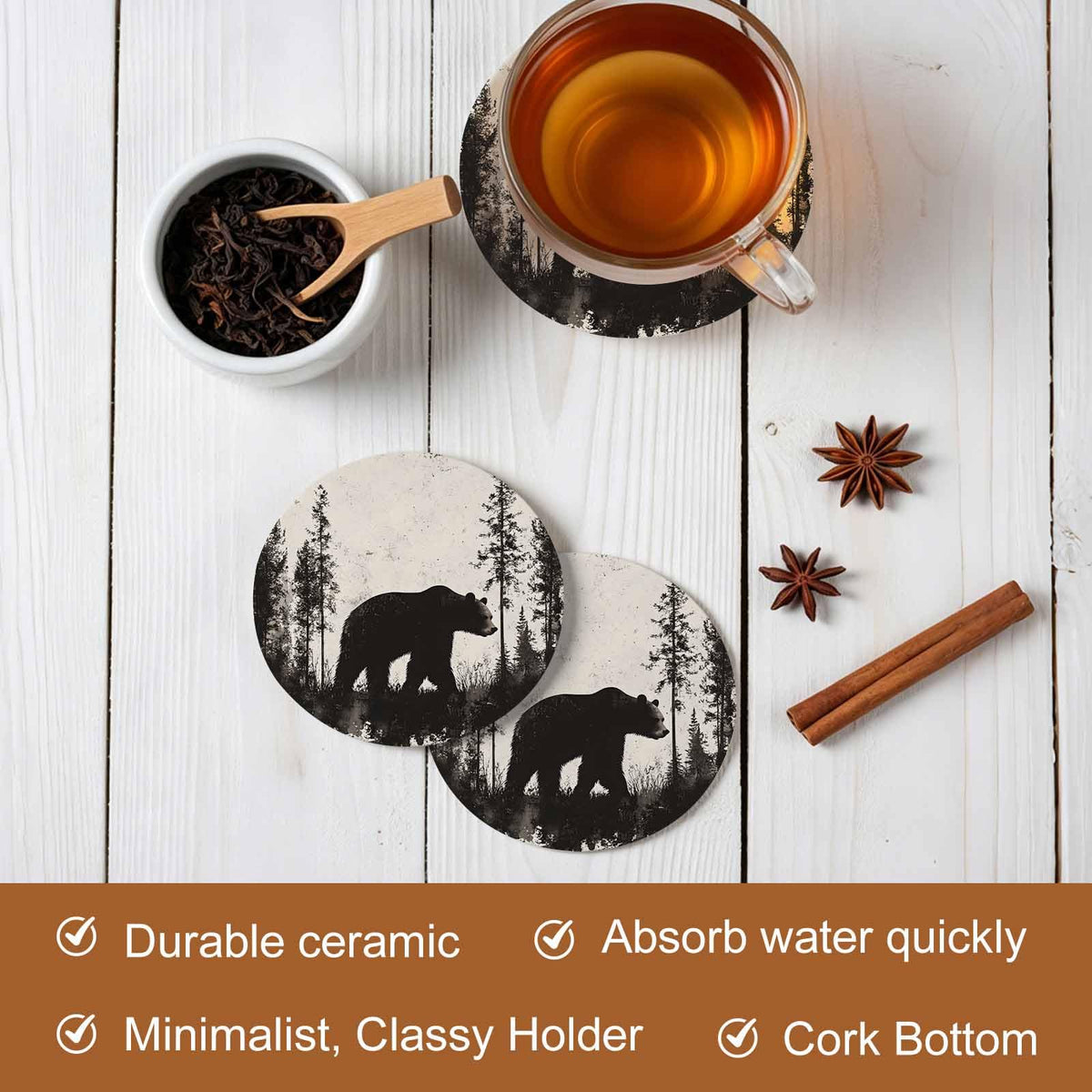 Black Absorbent Round Ceramic Coasters Set of 6 D502