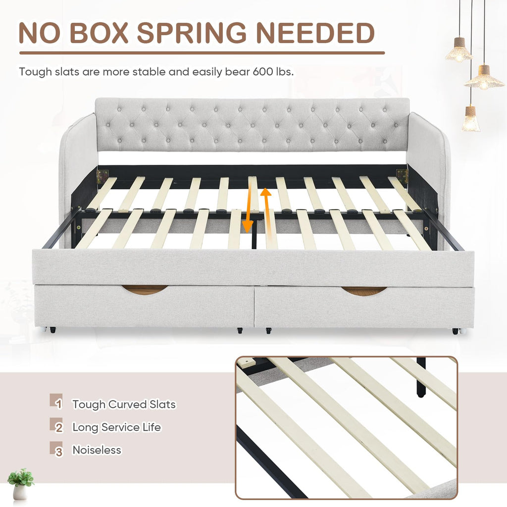 80.5" Button Tufted Linen Daybed with Drawer and Trundle A12614