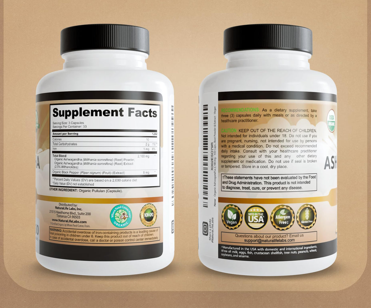 Organic Ashwagandha 2100 mg 100 Capsules Vegan Non-GMO Gluten-Free S9936
