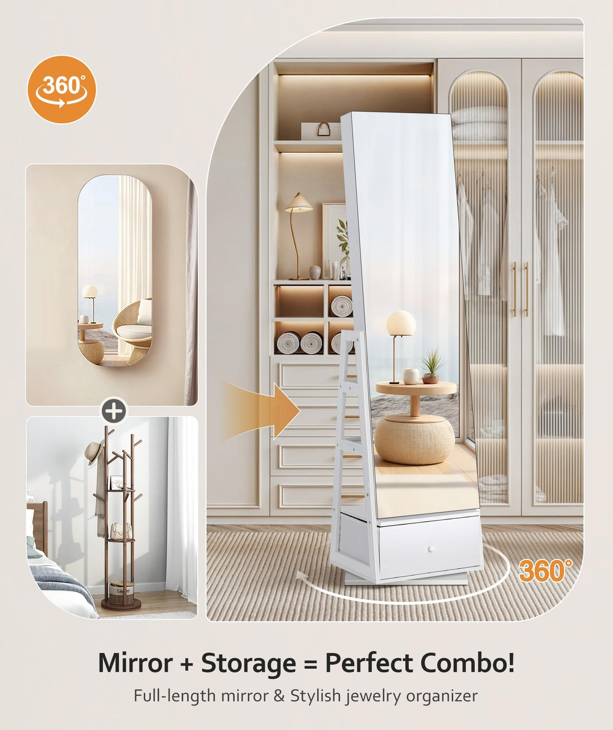 360° Swivel Lockable Jewelry Cabinet with Full Length Mirror J299752