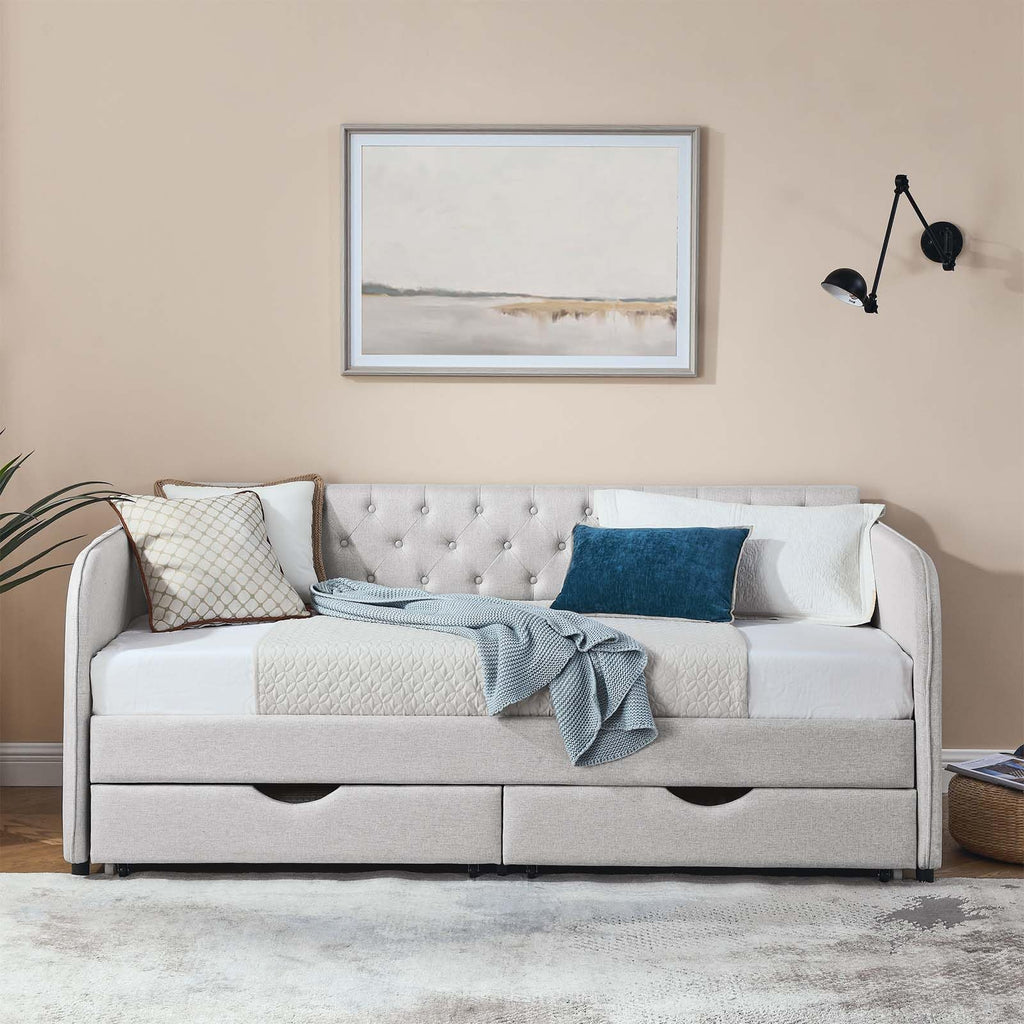 80.5" Button Tufted Linen Daybed with Drawer and Trundle A12614