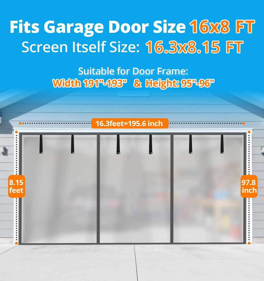 16x8FT Sliver Grey Magnetic Garage Door Screen with Fiberglass Mesh D62233