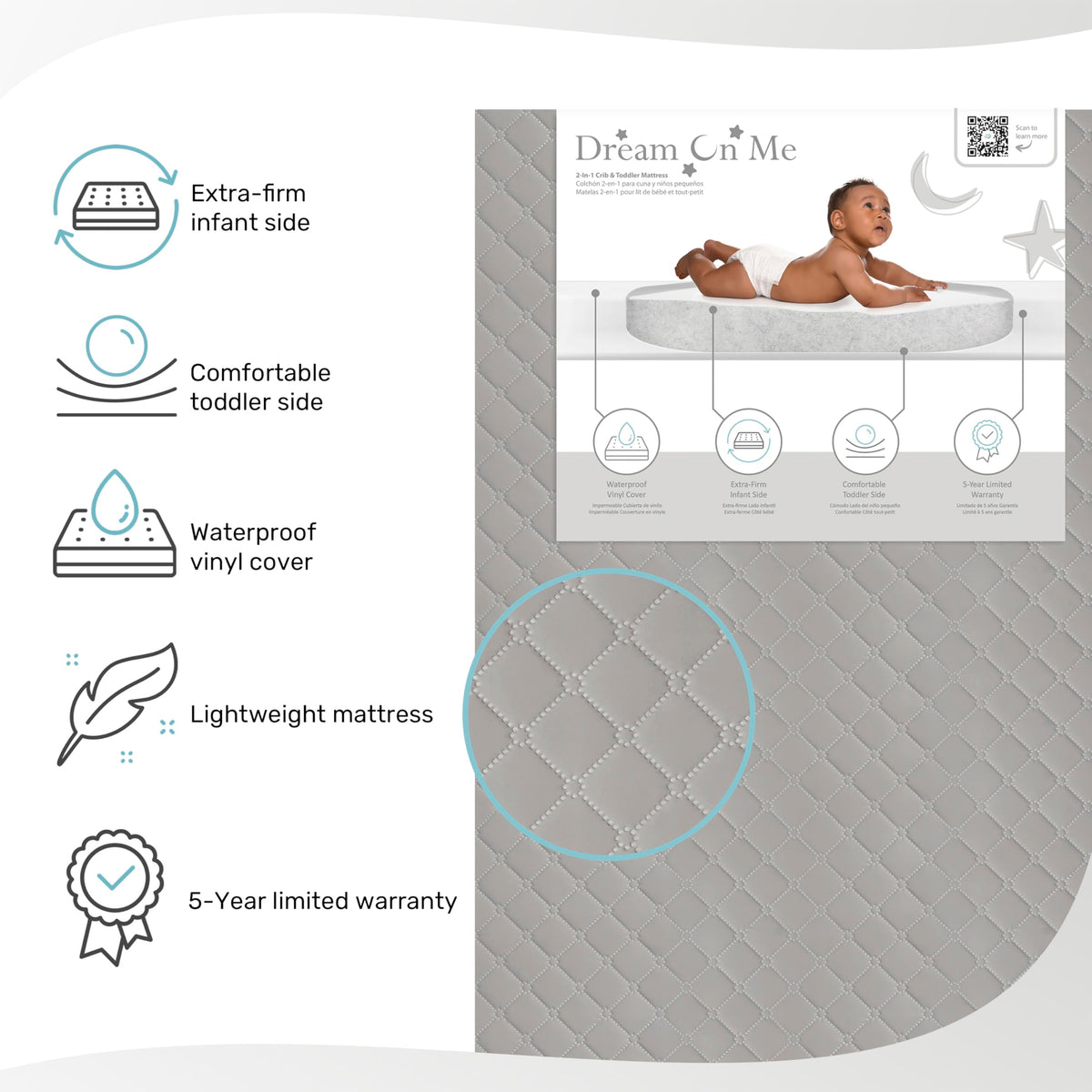 4” Firm Fiber Crib & Toddler Bed Mattress, Dual-Sided, Waterproof, Grey Embossed Vinyl Cover A9448