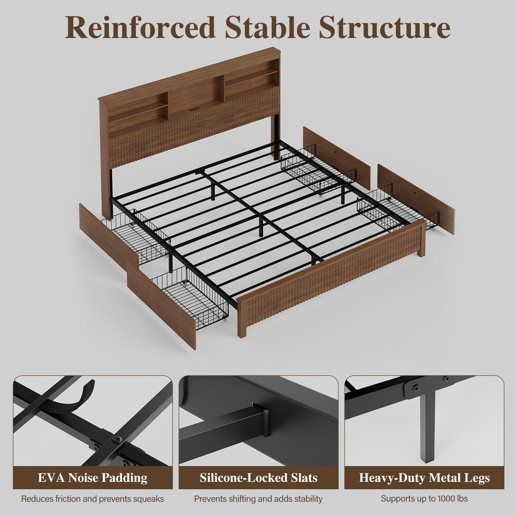 Queen Size Wood Bed Frame with 4 Storage Drawers D3545