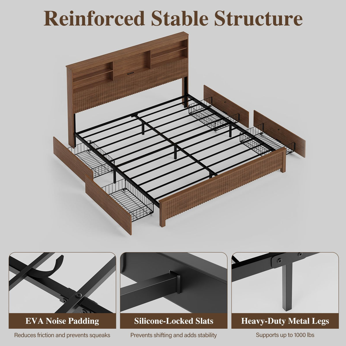 Queen Size Wood Bed Frame with 4 Storage Drawers D3545