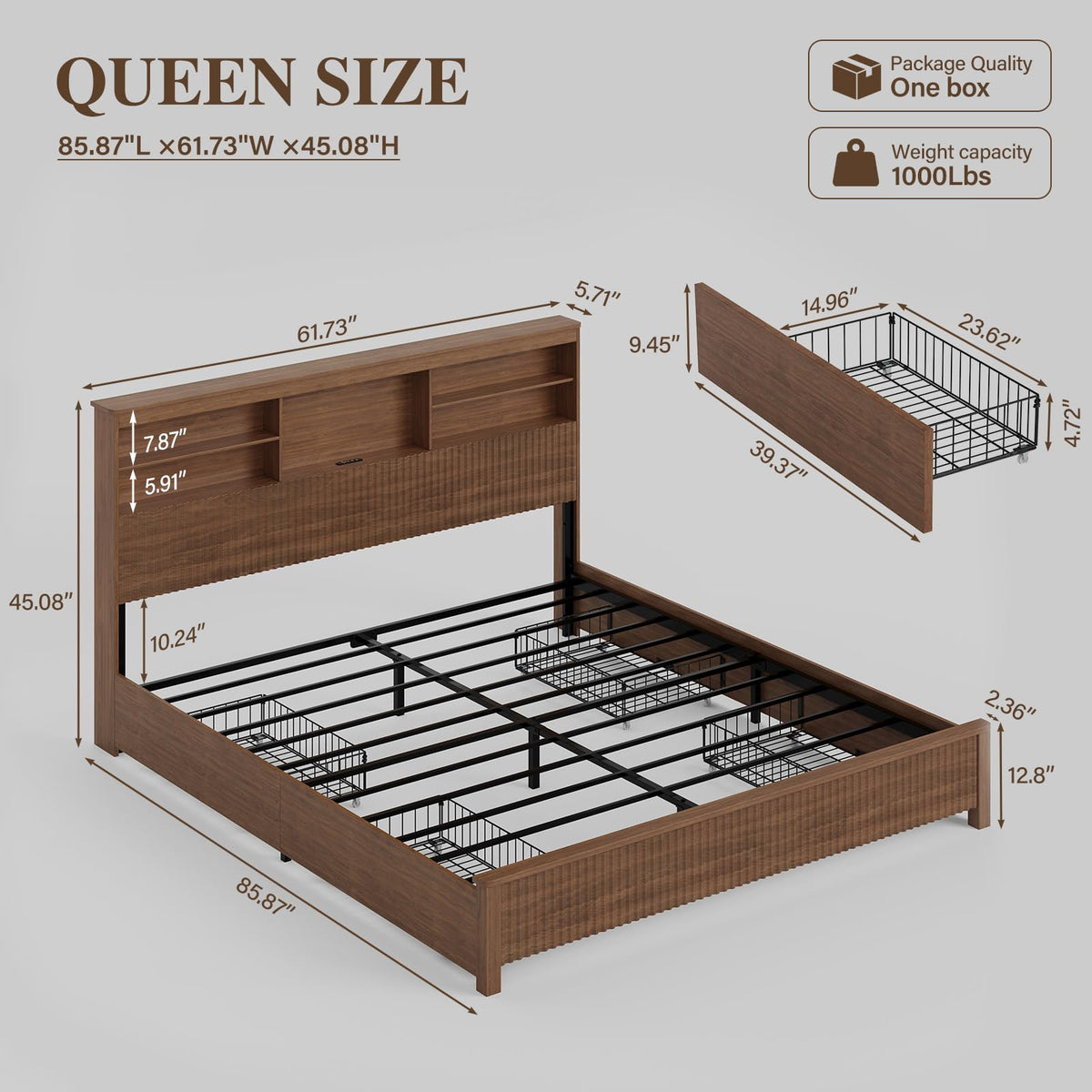 Queen Size Wood Bed Frame with 4 Storage Drawers D3545