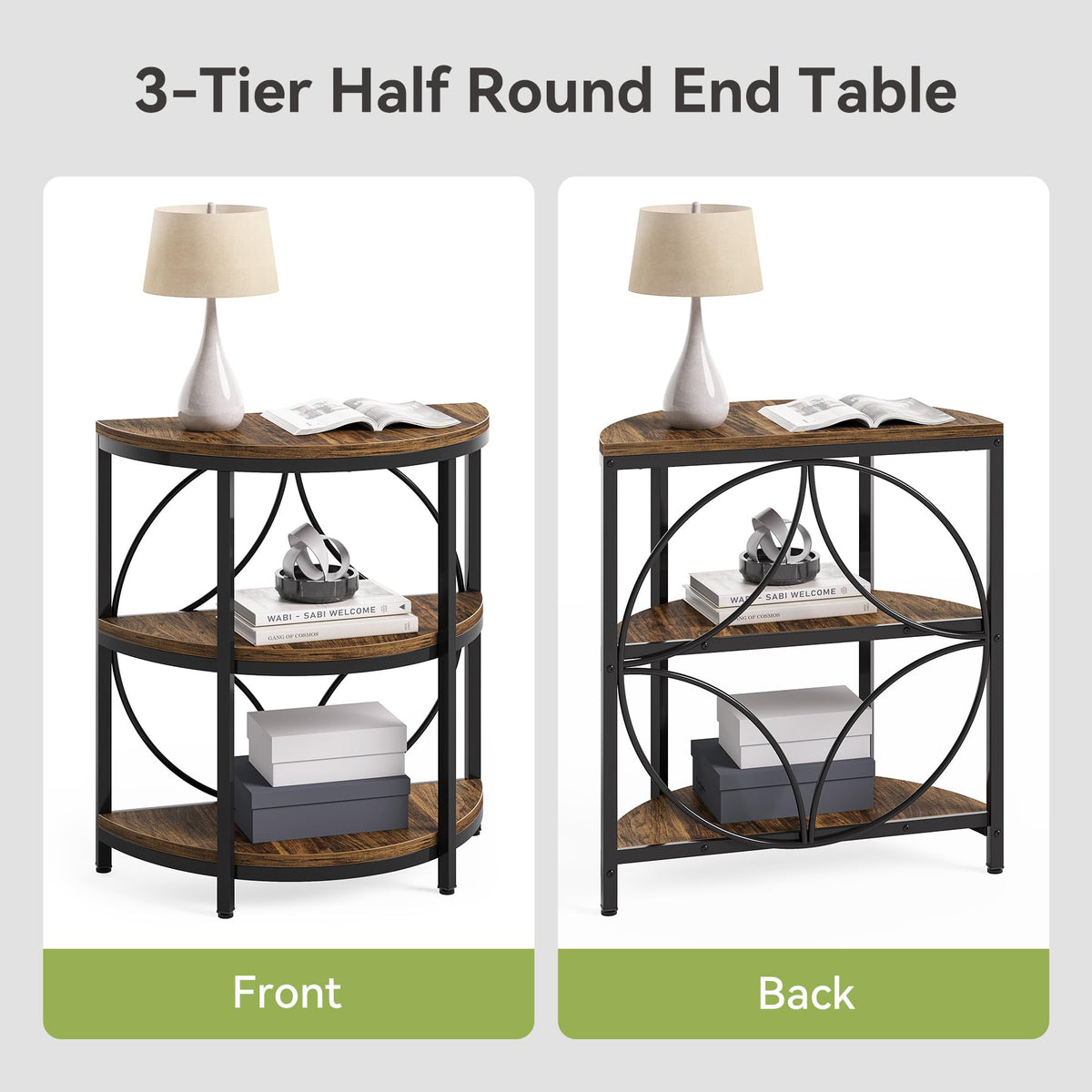 Half Round 3-Tier Narrow Side Table with Metal Frame N2215
