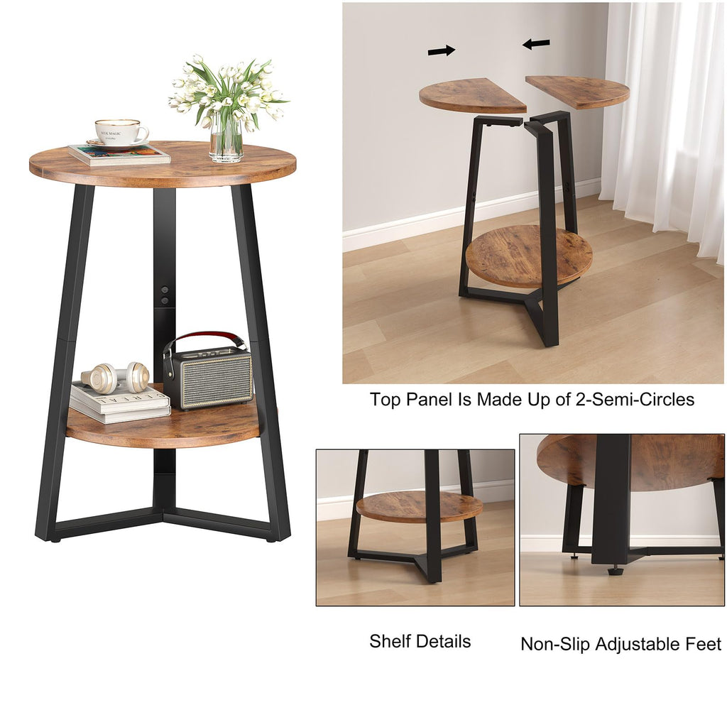 Small Round End Table Set of 2, 2 Tier Side Table with Storage Shelf, Rustic Brown T495853