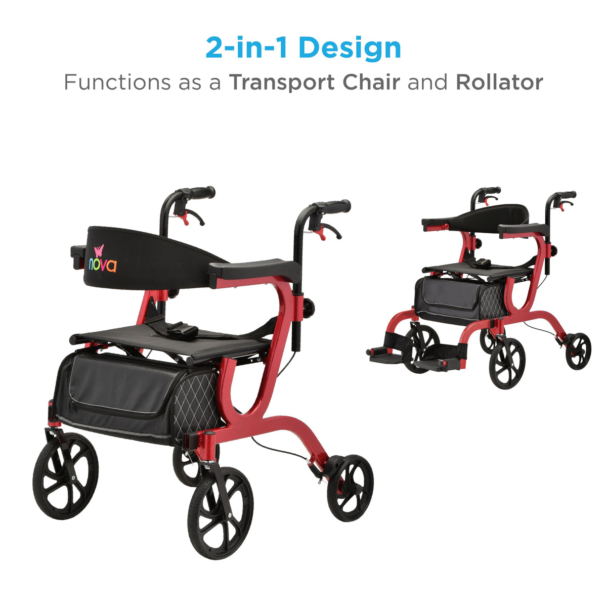 2-in-1 Folding Rollator Walker & Transport Chair with 10” Front Wheels F8921