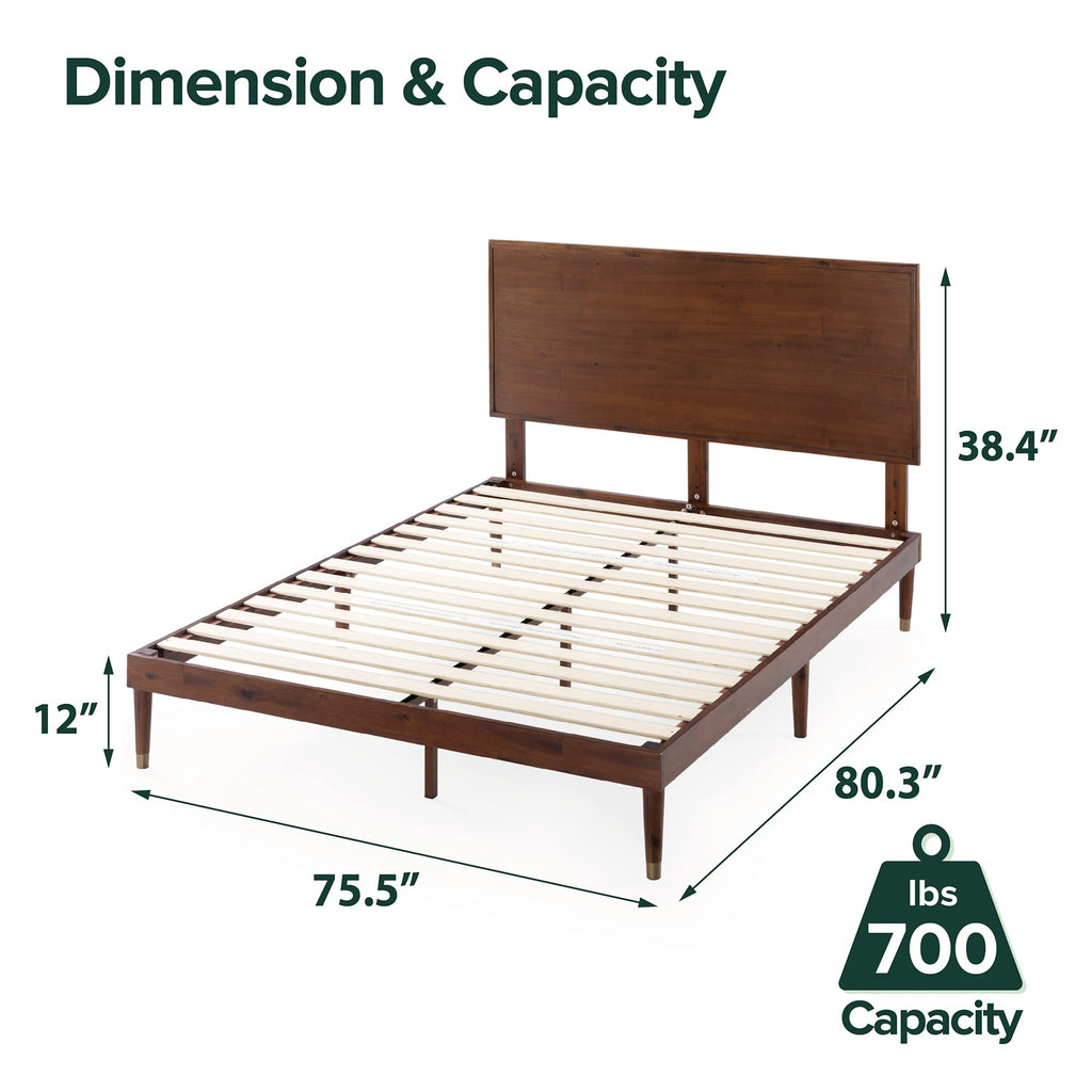 King Brown Wood Platform Bed Frame with Adjustable Headboard Q796201