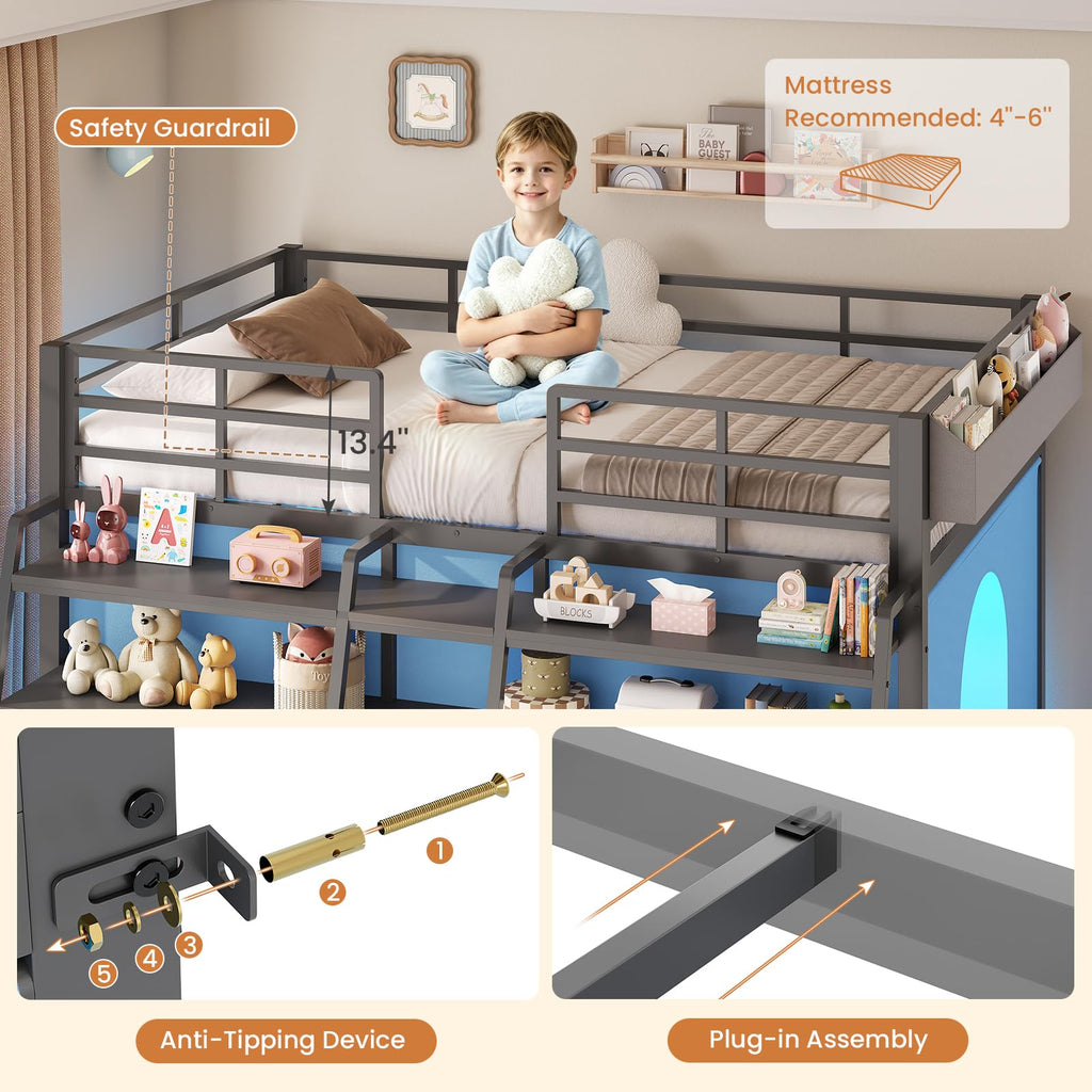 Twin Size Grey Low Loft Bed with 5 Drawers J754