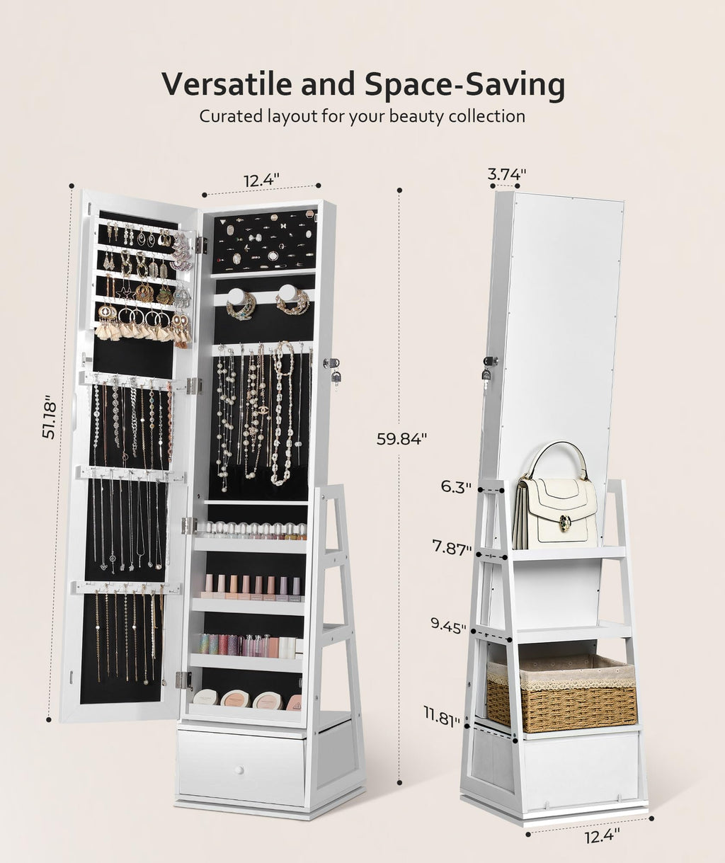 360° Swivel Lockable Jewelry Cabinet with Full Length Mirror J299752
